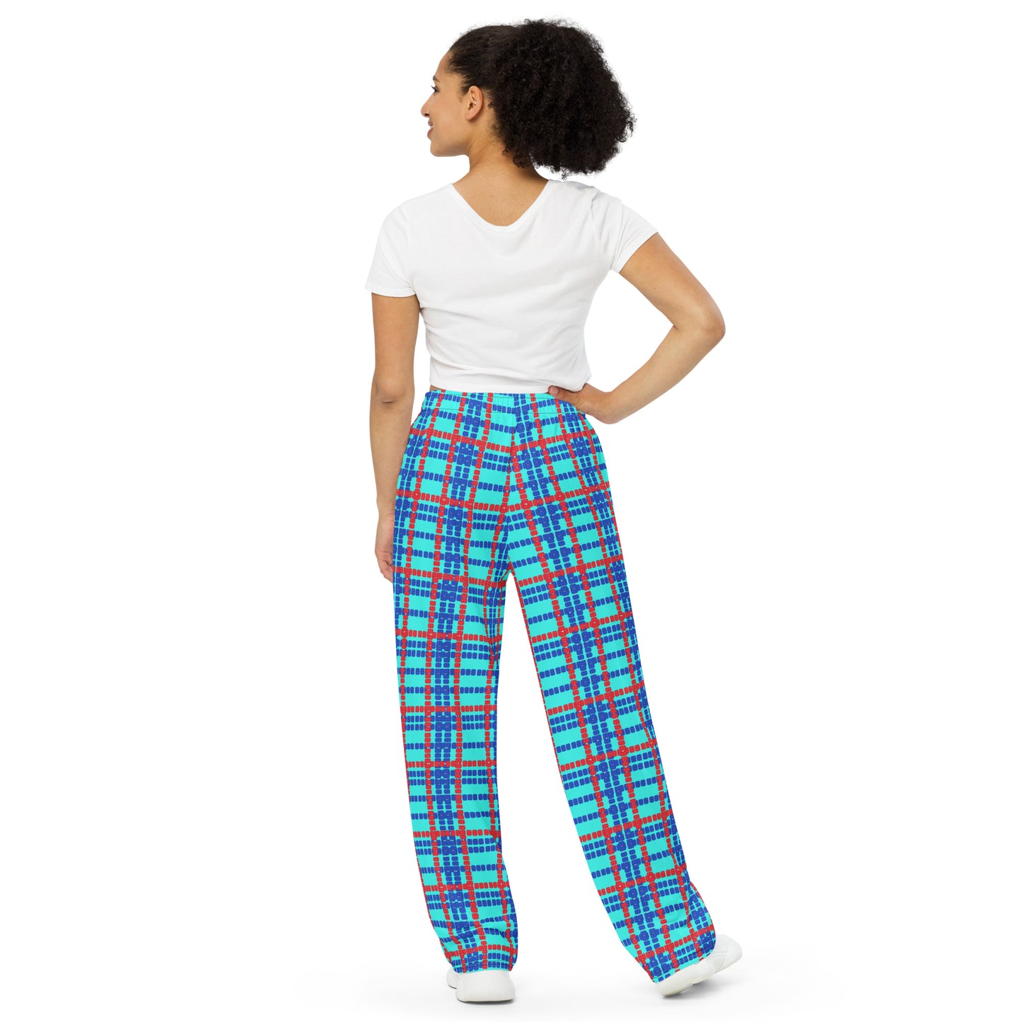 Lane Lines Plaid - red and blue on aqua - Unisex wide-leg pants