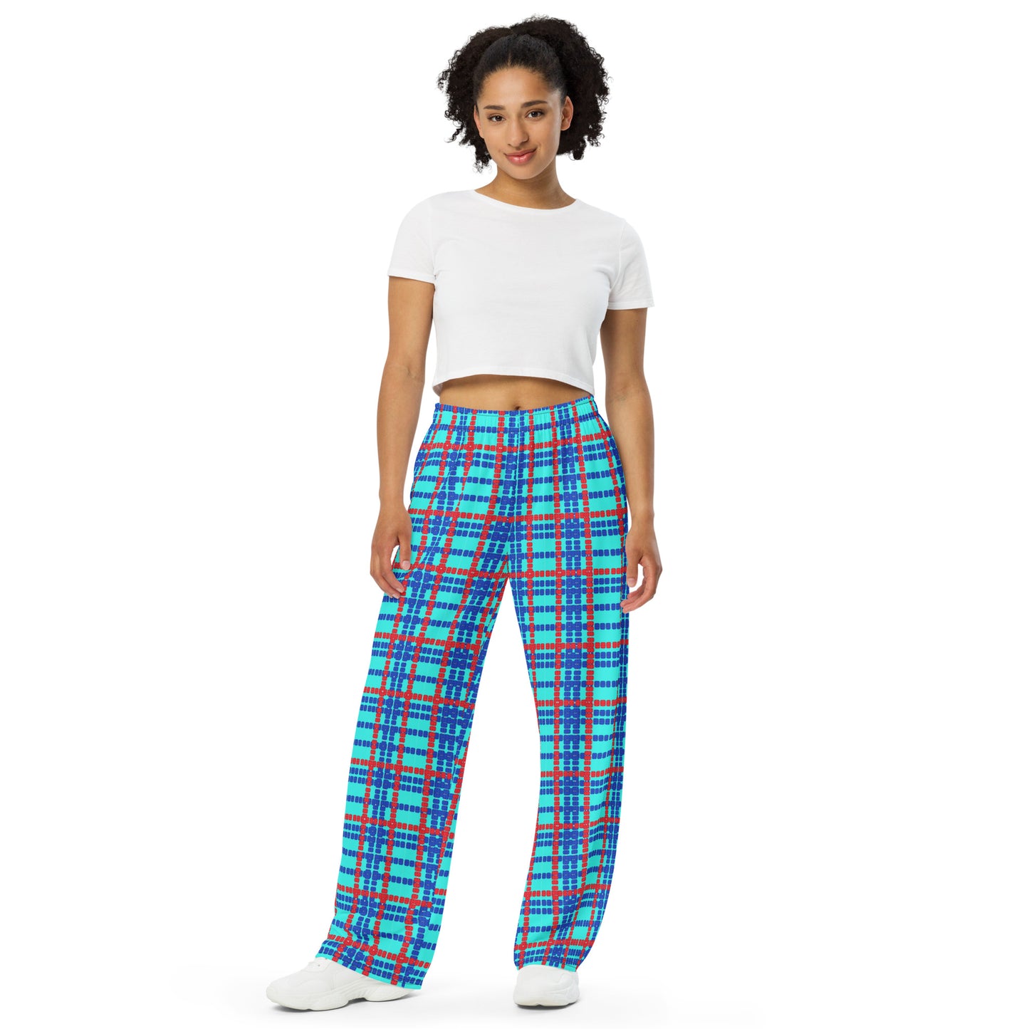 Lane Lines Plaid - red and blue on aqua - Unisex wide-leg pants