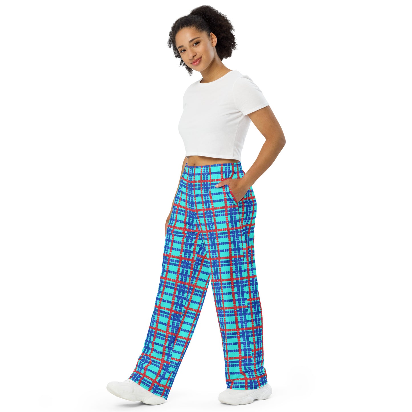 Lane Lines Plaid - red and blue on aqua - Unisex wide-leg pants