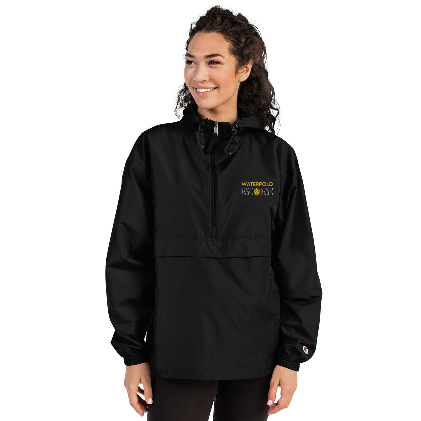 Waterpolo Mom - Dark Embroidered Champion Packable Jacket with Yellow Lettering