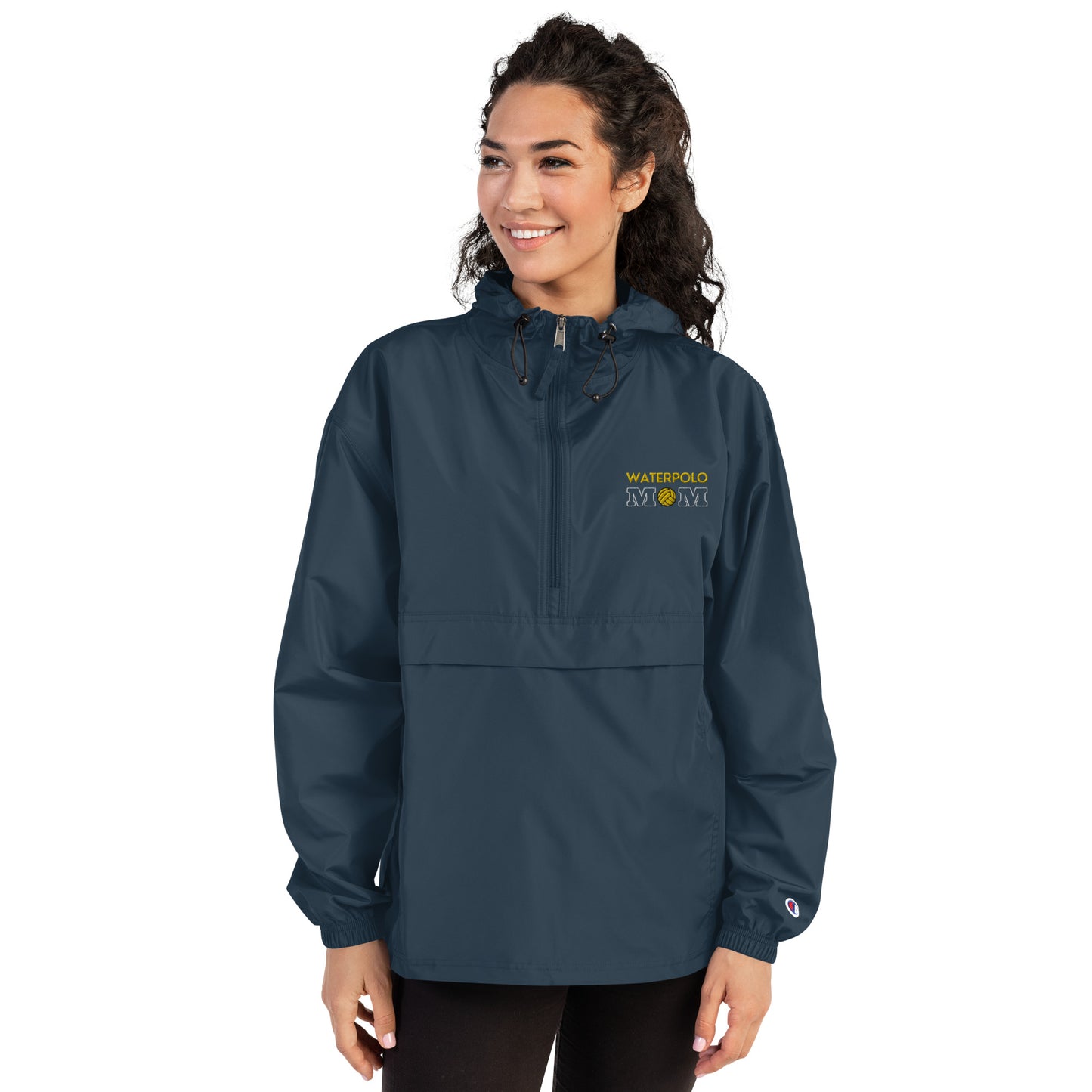 Waterpolo Mom - Dark Embroidered Champion Packable Jacket with Yellow Lettering