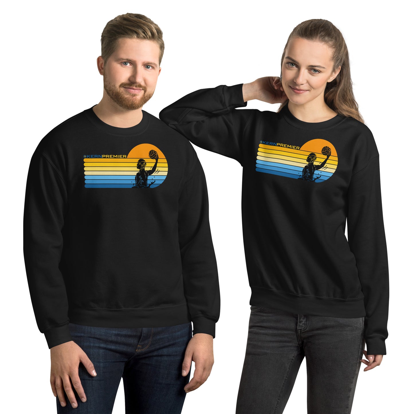 Kern Premier - 7 Color Right sided Sunset with Male Silhouette with Logo on Top - Unisex Crew Neck Sweatshirt - Gildan 18000