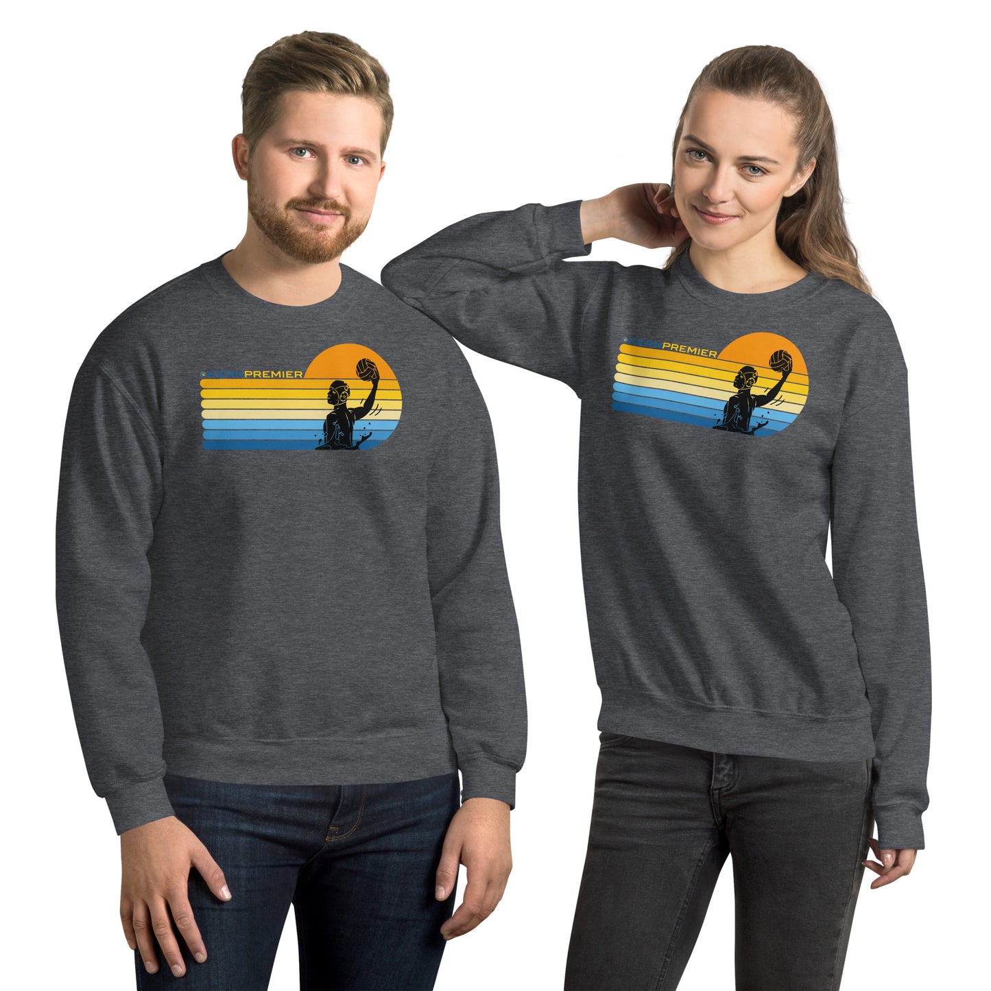 Kern Premier - 7 Color Right sided Sunset with Male Silhouette with Logo on Top - Unisex Crew Neck Sweatshirt - Gildan 18000
