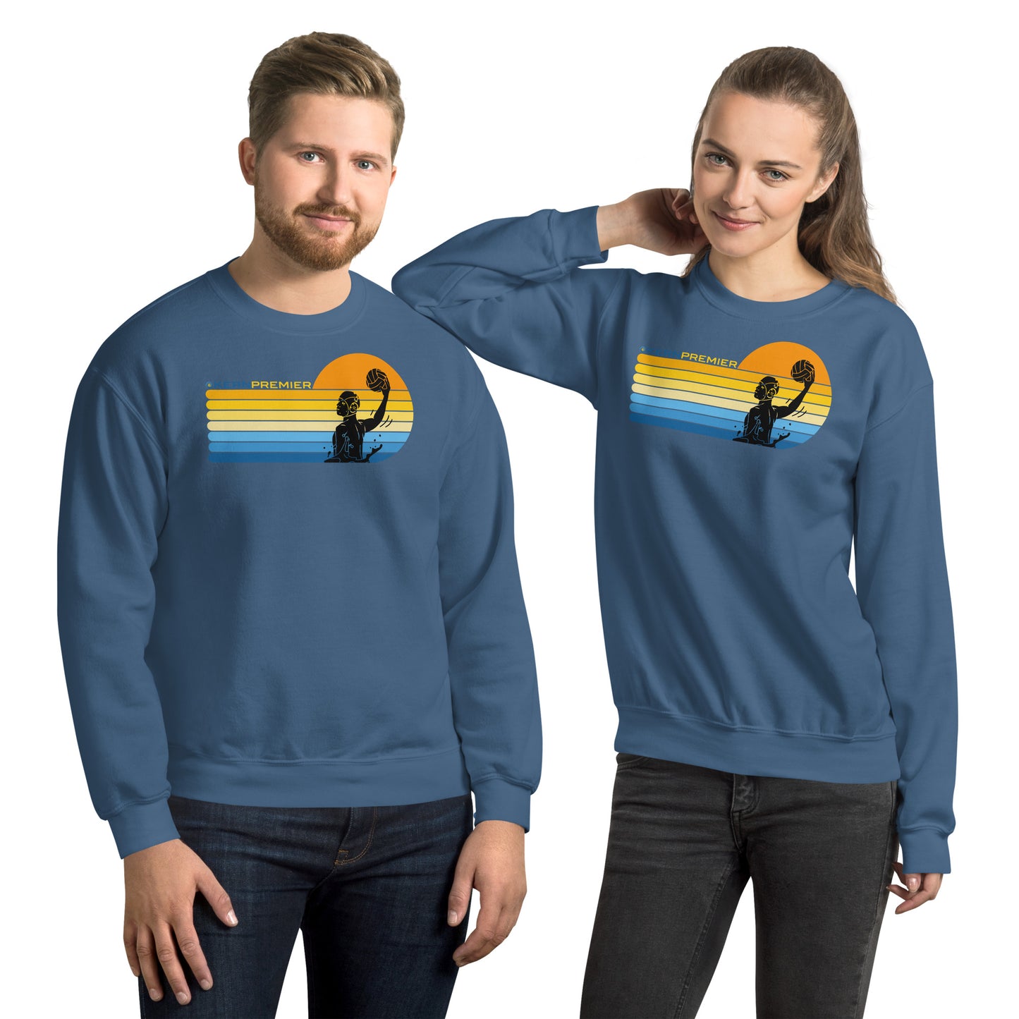 Kern Premier - 7 Color Right sided Sunset with Male Silhouette with Logo on Top - Unisex Crew Neck Sweatshirt - Gildan 18000
