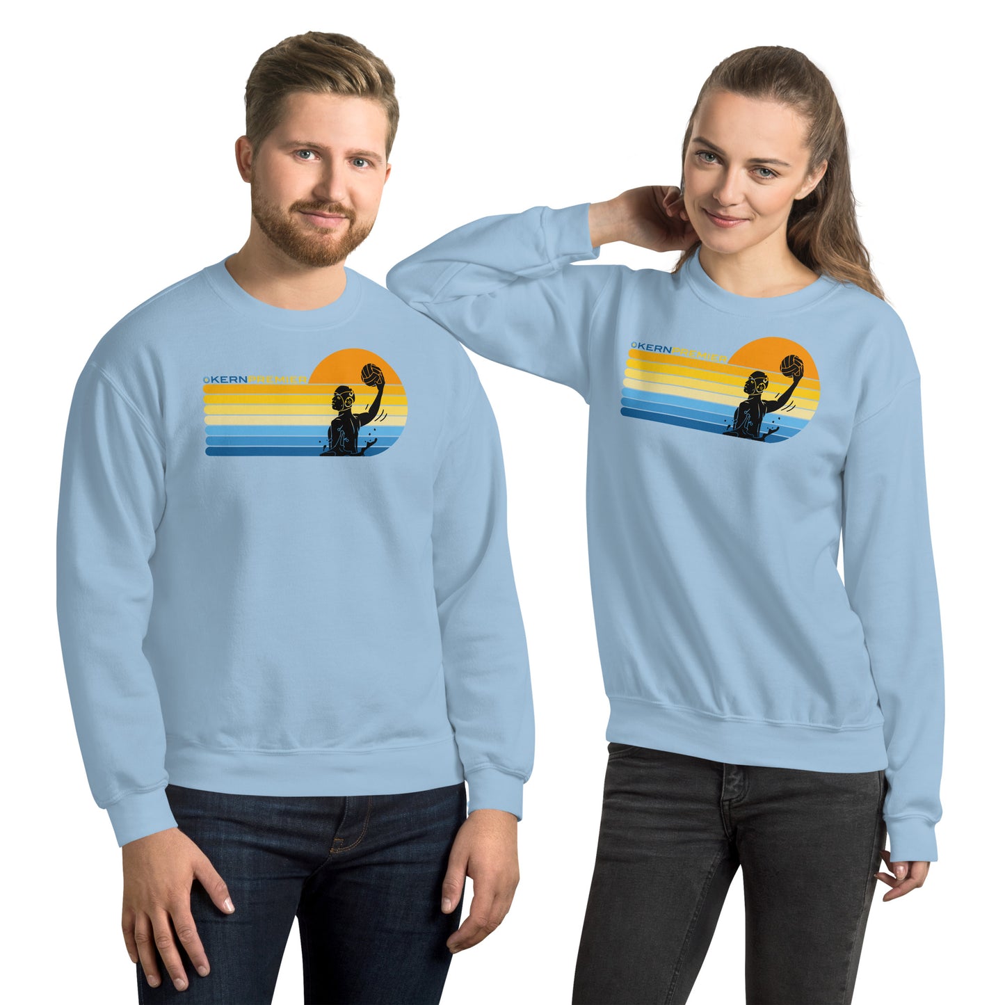 Kern Premier - 7 Color Right sided Sunset with Male Silhouette with Logo on Top - Unisex Crew Neck Sweatshirt - Gildan 18000