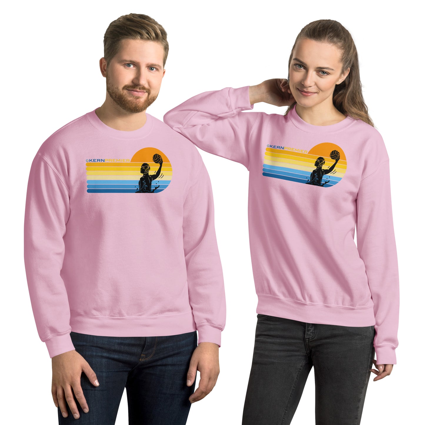 Kern Premier - 7 Color Right sided Sunset with Male Silhouette with Logo on Top - Unisex Crew Neck Sweatshirt - Gildan 18000
