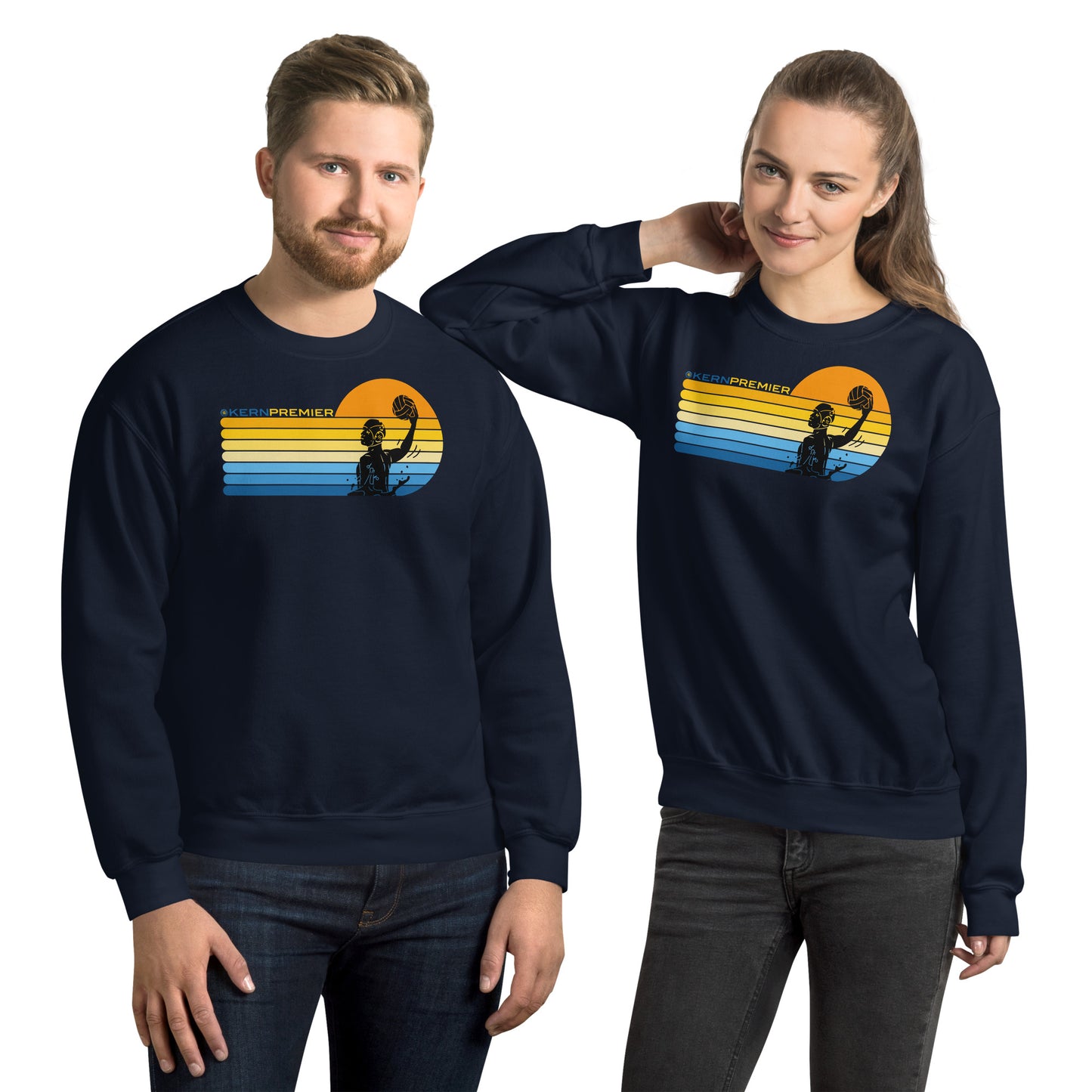 Kern Premier - 7 Color Right sided Sunset with Male Silhouette with Logo on Top - Unisex Crew Neck Sweatshirt - Gildan 18000