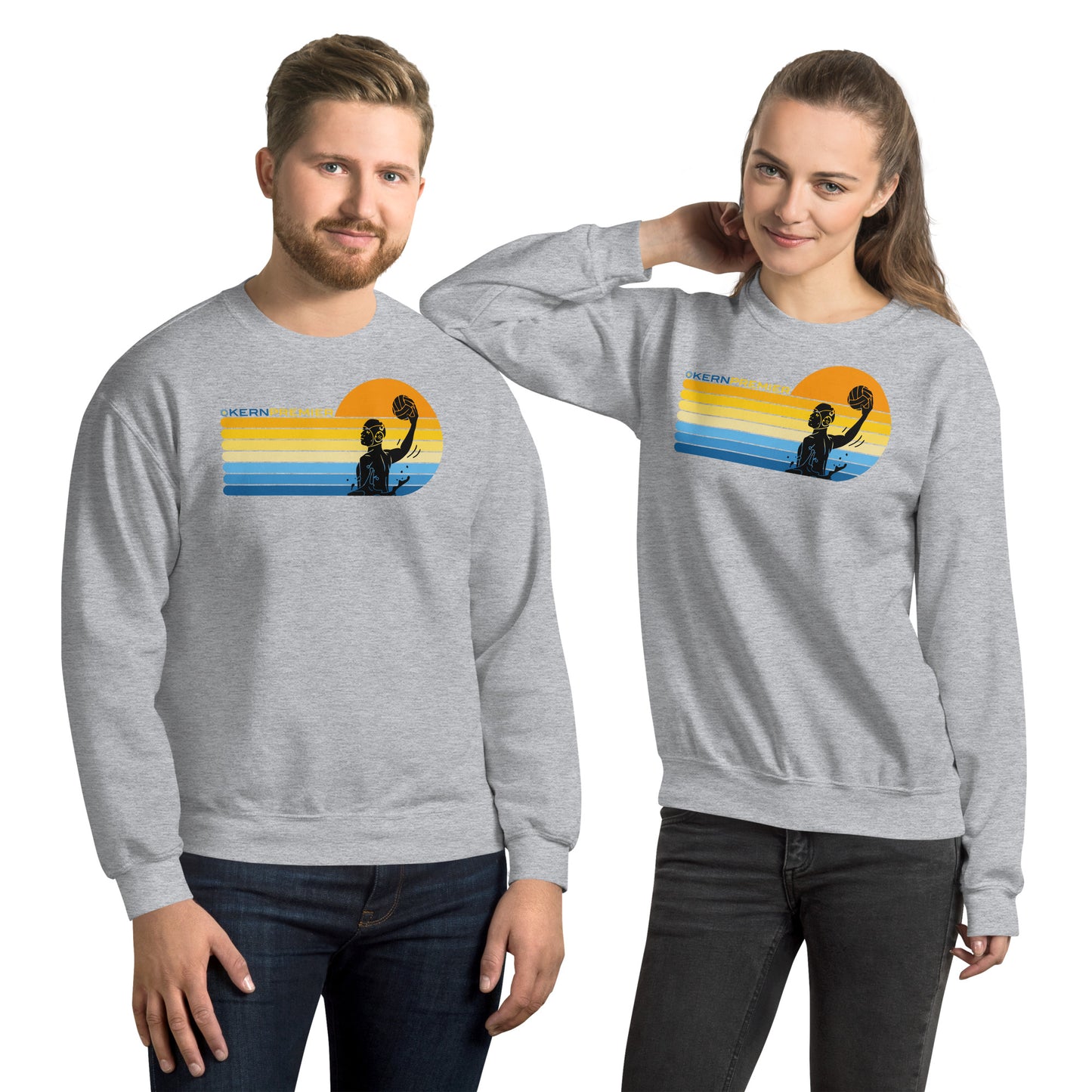 Kern Premier - 7 Color Right sided Sunset with Male Silhouette with Logo on Top - Unisex Crew Neck Sweatshirt - Gildan 18000