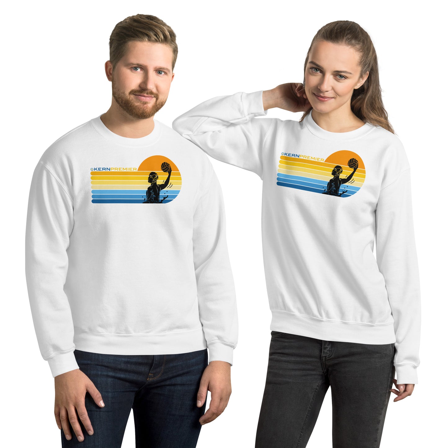 Kern Premier - 7 Color Right sided Sunset with Male Silhouette with Logo on Top - Unisex Crew Neck Sweatshirt - Gildan 18000