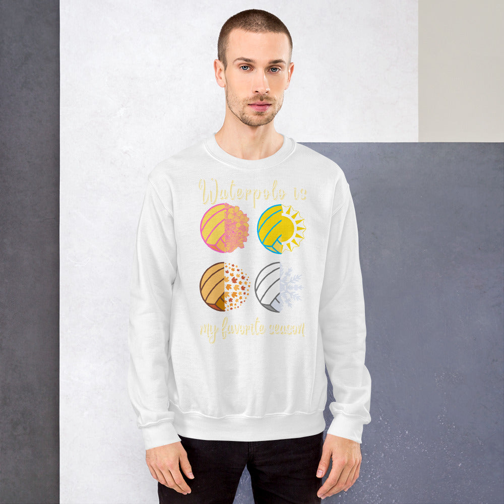Waterpolo is my Favorite Season - Larger Seasons - Swirly Font - Unisex Crew Neck Sweatshirt - Gildan 18000