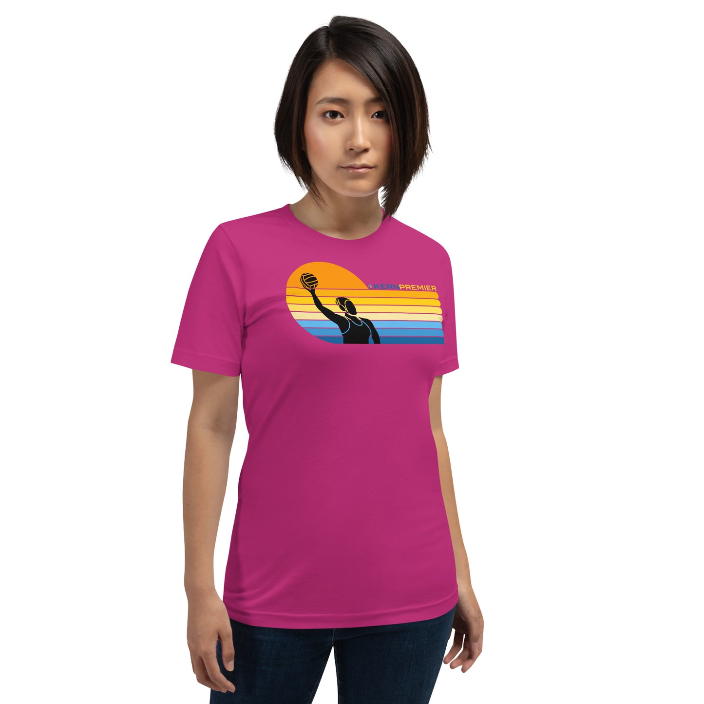 Kern Premier 7 color sunset left orientation female silhouette - Unisex Soft T-shirt - Bella Canvas 3001