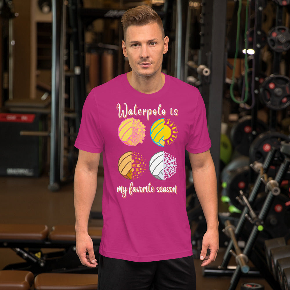Waterpolo is my Favorite Season - Larger Seasons - Swirly Font - Unisex Soft T-shirt - Bella Canvas 3001