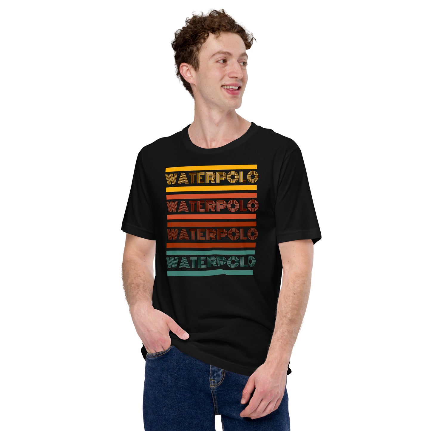 Water Polo - Retro Design - Yellow, Red & Green Words - Unisex Soft T-shirt - Bella Canvas 3001