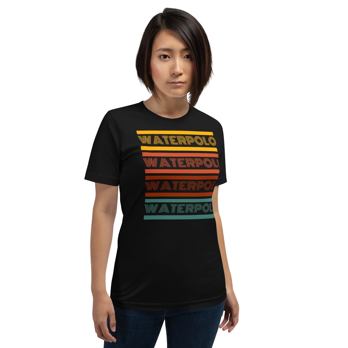 Water Polo - Retro Design - Yellow, Red & Green Words - Unisex Soft T-shirt - Bella Canvas 3001
