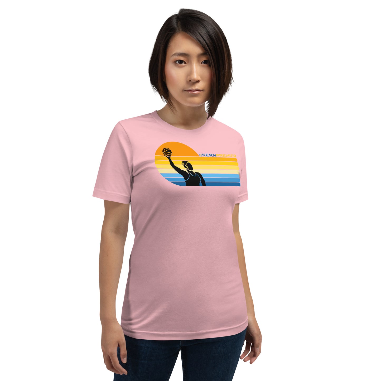 Kern Premier 7 color sunset left orientation female silhouette - Unisex Soft T-shirt - Bella Canvas 3001