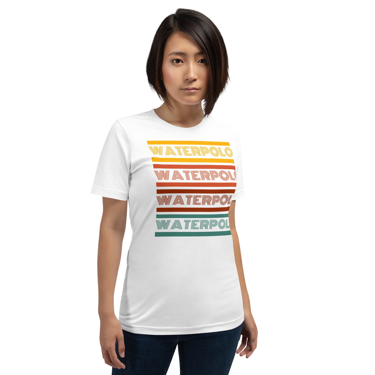 Water Polo - Retro Design - Yellow, Red & Green Words - Unisex Soft T-shirt - Bella Canvas 3001