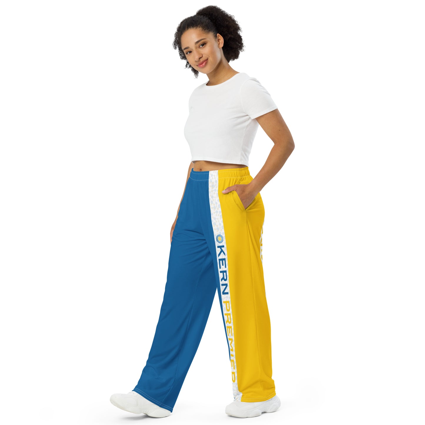 Kern Premier - All over print - Blue and Gold with H2O Molecule with Kern Premier Logo - unisex wide-leg pants