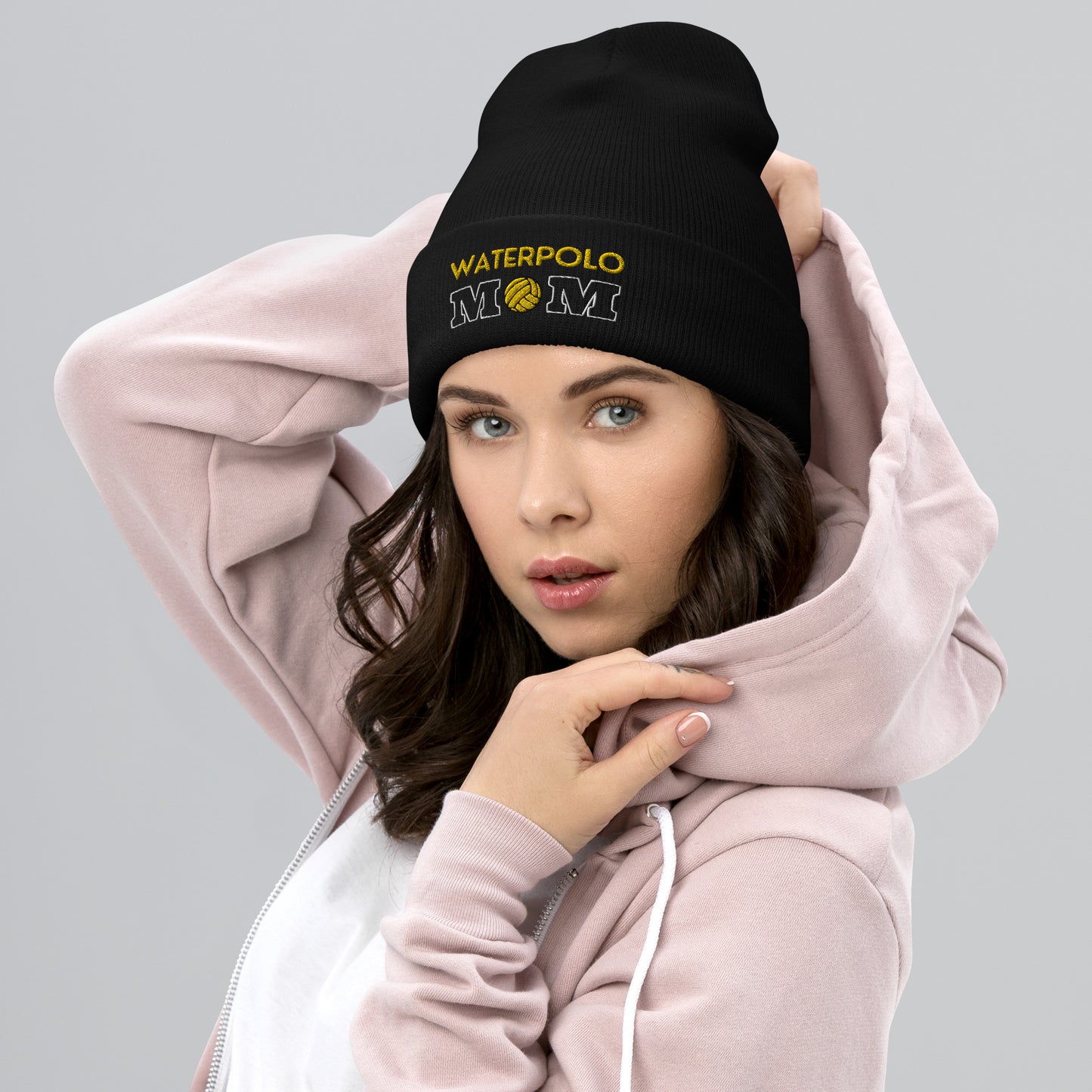 Waterpolo Mom Black Beanie with Yellow Lettering - Cuffed Beanie