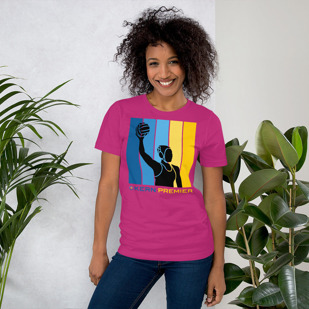 Kern Premier 5 color square vertical with full bottom logo female silhouette - Unisex Soft T-shirt - Bella Canvas 3001
