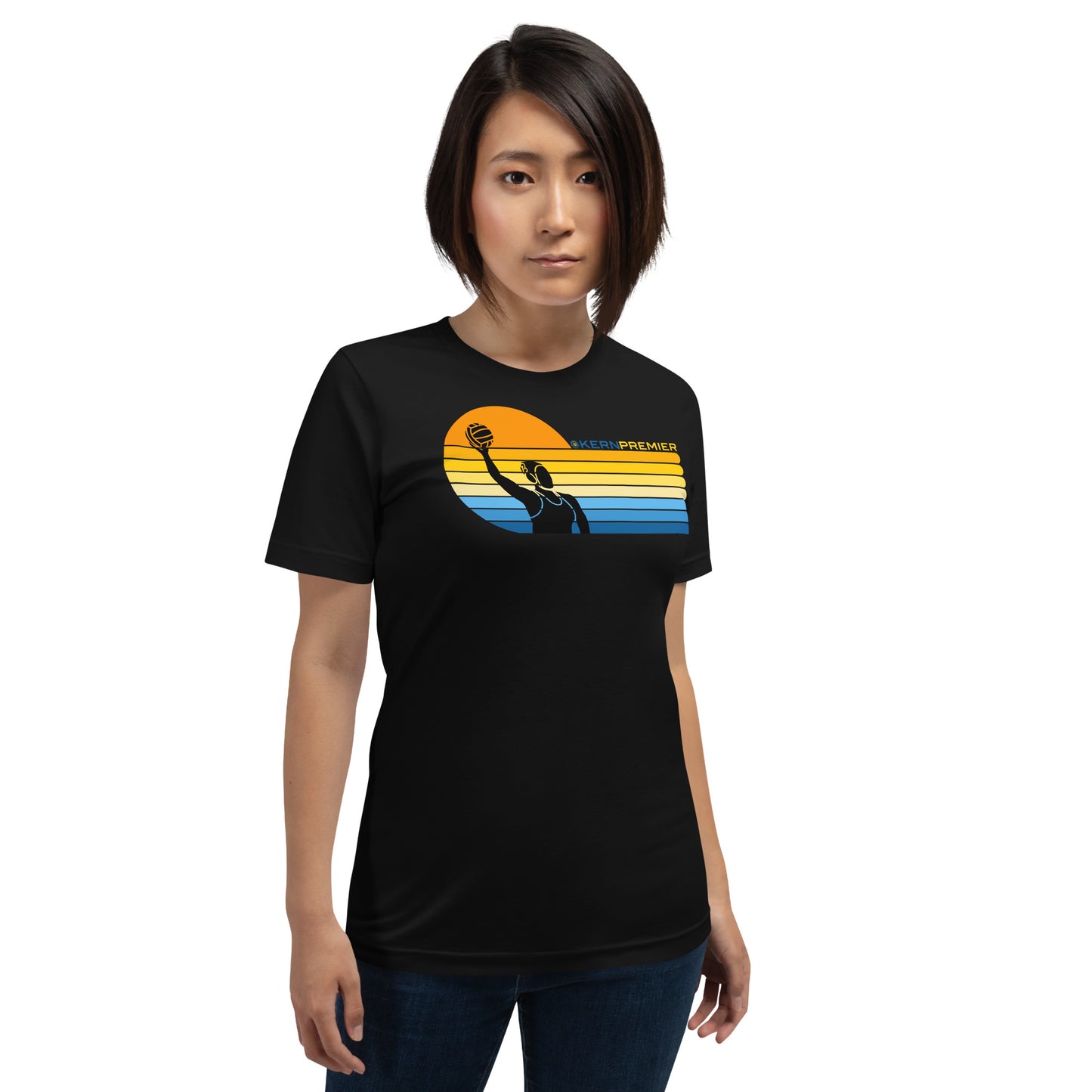 Kern Premier 7 color sunset left orientation female silhouette - Unisex Soft T-shirt - Bella Canvas 3001
