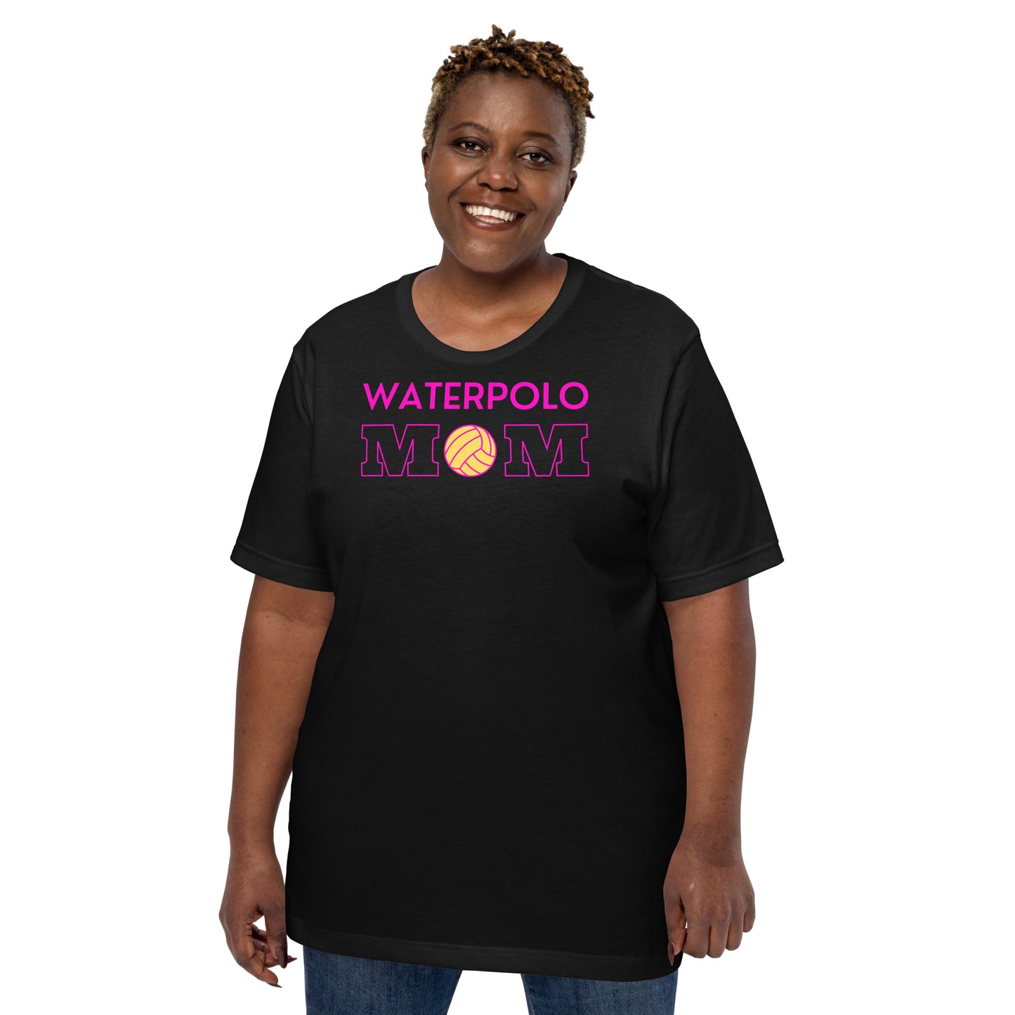 Waterpolo Mom - Pink Lettering - Unisex Soft T-shirt - Bella Canvas 3001