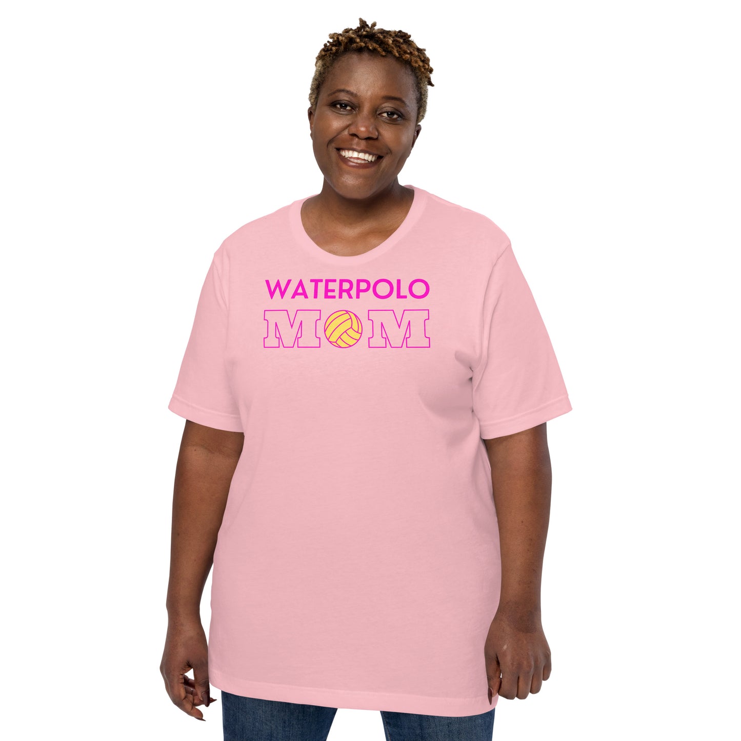 Waterpolo Mom - Pink Lettering - Unisex Soft T-shirt - Bella Canvas 3001
