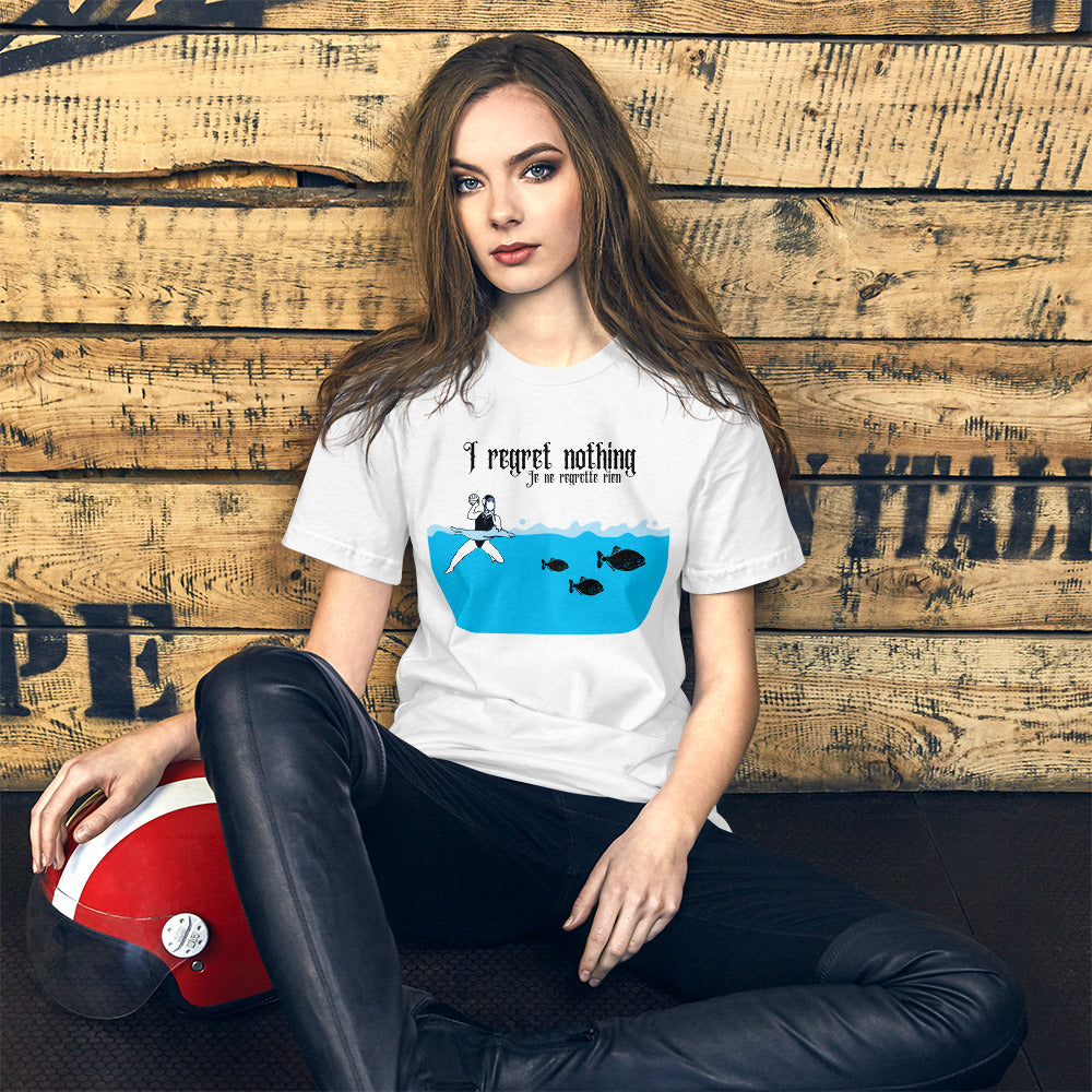 Wednesday and Piranhas - I Regret Nothing - English - Unisex Soft T-shirt - Bella Canvas 3001